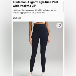Lululemon 28” Navy High-Rise Align Leggings with Pockets